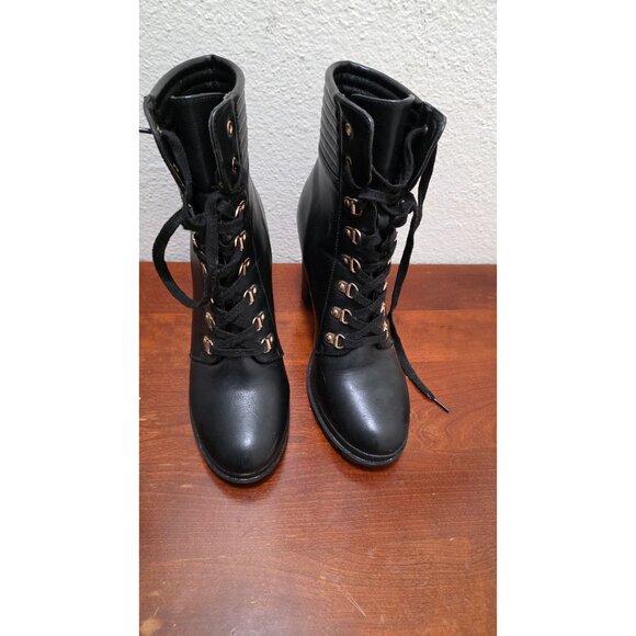 Justfab Women's Black Lace-Up High Heel Ankle Boots Quilted Detail & Gold Eyelet - Picture 1 of 8